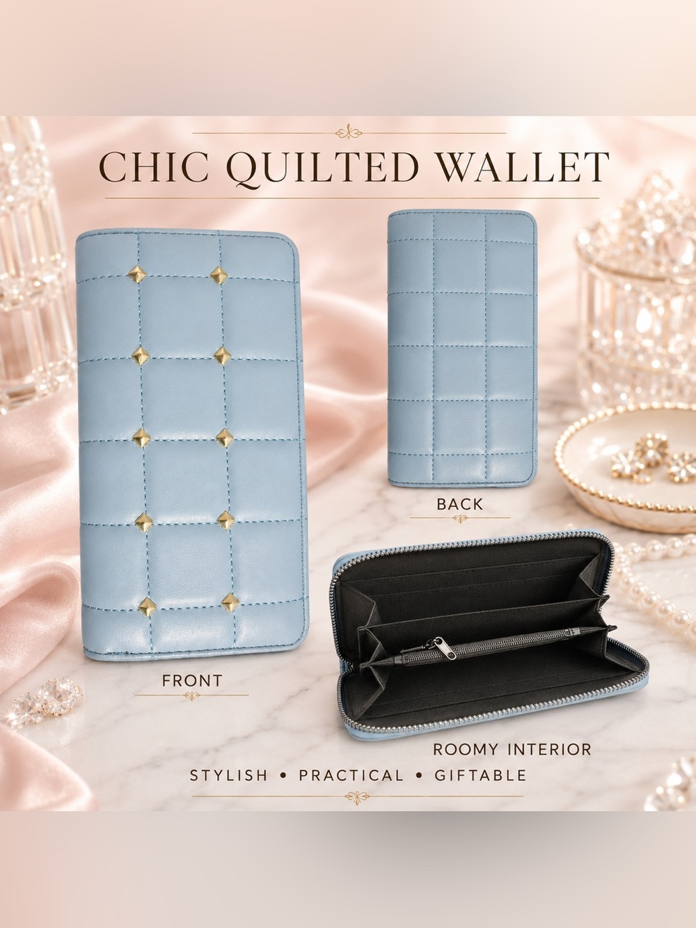 Chic Quilted Light Blue Zip-Around Wallet with Gold Studs